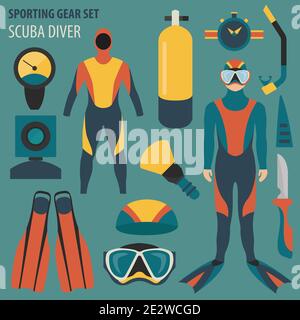 Sporting gear set. Diving equipment and scuba diver male flat design icon.Vector illustration Stock Vector