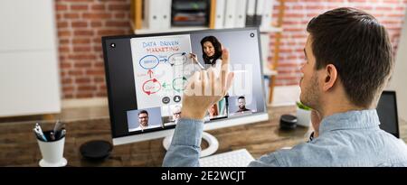 Raising Hand To Ask Questions In Training Video Conference Stock Photo