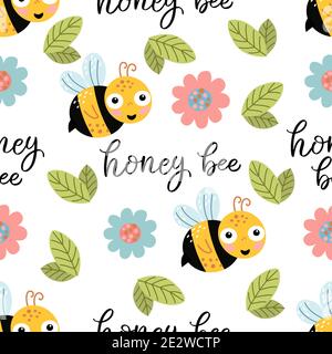 Seamless pattern with bee, flowers and lettering Stock Vector