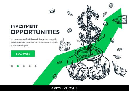 Investment and finance growth business concept. Human hands hold growing dollar tree on green arrow background. Hand drawn vector sketch illustration. Stock Vector