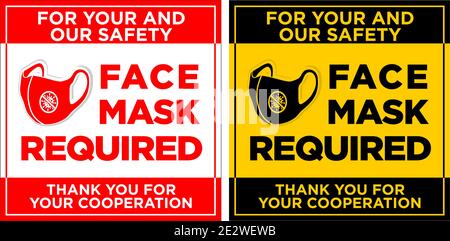 Face mask required sign. Warning prevention signage for restaurant, cafe and retail business. Protective face mask in rounded rectangle frame. Vector Stock Vector