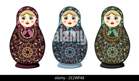 Russian Matryoshka with ornamental pattern. on white background. Vector illustration Stock Vector