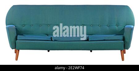 Closeup shot of a vintage light blue sofa isolated on white background Stock Photo