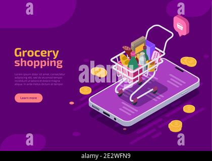 Grocery shopping isometric landing page, purple web banner. Supermarket cart full of food and drink stands on screen of mobile device with scattered coins. E-commerce online store, market shop concept Stock Vector