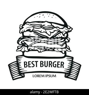Big burger logo with ribbon. Hand-drawn burger hot dish. delicious sandwich line vector stock illustration. concept for Menu, fast food. Icon. Stock Vector