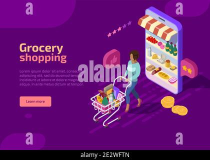 Grocery shopping isometric landing page, purple web banner. Woman character with supermarket cart full of food and drink. Shopper go from market shop on mobile device. E-commerce online store concept. Stock Vector