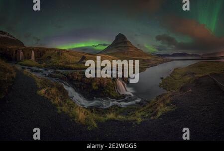 Kirkjufell or 'Church Mountain' is a distinctly shaped peak Stock Photo