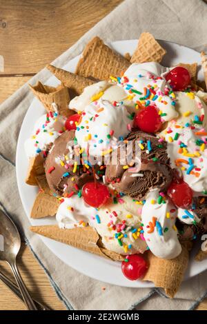 Homemade Ice Cream Sundae Nachos with Whipped Cream and Sprinkles Stock Photo