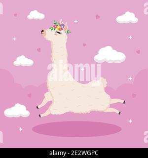 cute alpaca exotic with flowers decoration in head and lettering Stock Vector