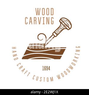Wood carving logo with chisel cutting a wood bar, timber engraving emblem, vector Stock Vector