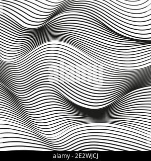 Abstract wavy deformed background. Black and white modern conceptual illusion. Vector squiggle lines, optical effect. Scientific waving pattern. EPS10 Stock Vector