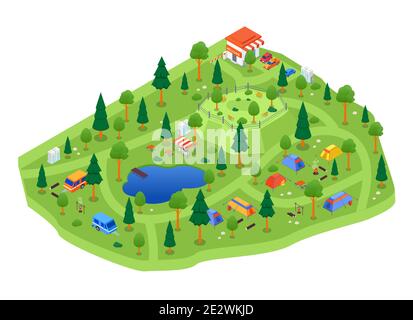 Camping site - modern vector colorful isometric illustration. Landscape with tents in the forest, trees, pool. Bonfires, travel trailers images. Leisu Stock Vector
