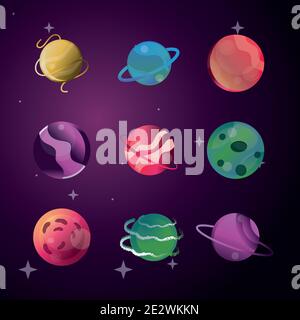 space planets solar system galaxy, icons set style vector illustration Stock Vector