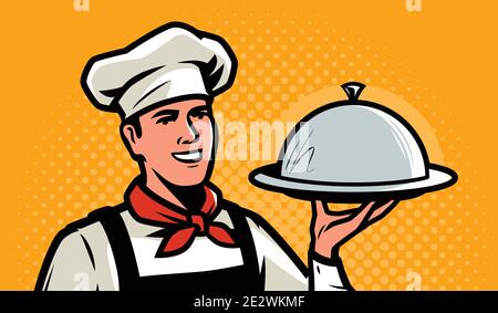 Cook, chef with tray in retro pop art style. Restaurant, food service concept Stock Vector