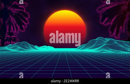 Palms retro on purple background. Vintage computer technology geometric background. Futuristic background 3d vector illustration. Stock Vector