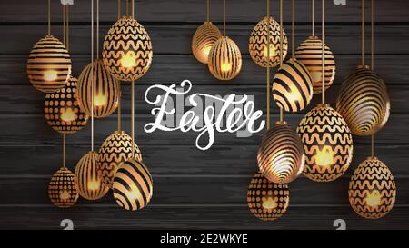 3d golden egg patterned easter background vector on black wood. Holiday vector golden gift background. 3d Vector illustration. Stock Vector