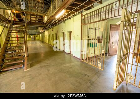 Fremantle, Western Australia - Jan 5, 2018: corridor and stairs inside main cell block of Fremantle Prison an old convicts jail built 1855, memorial