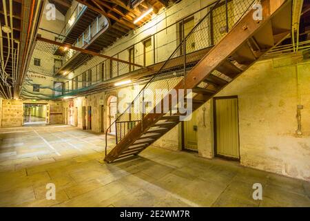 Fremantle, Western Australia, Australia - Jan 5, 2018: Internal stairs leading to upper floors of Fremantle Prison an old convicts jail built 1855