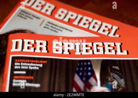 Neckargemuend, Germany: January 13, 2021: Close up of covers of the German news magazine "Der Spiegel" - the mirror Stock Photo