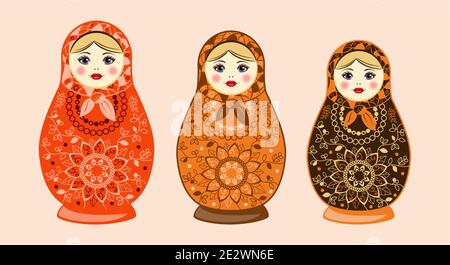 Russian Matryoshka with ornamental pattern. on white background. Vector illustration Stock Vector