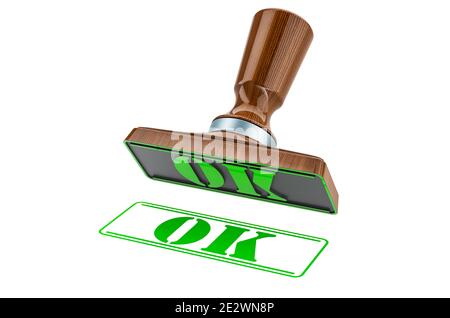 Ok stamp. Wooden stamper, seal with text ok, 3D rendering isolated on white background Stock Photo