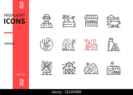Farming - modern line design style icons set. Agriculture concept. Farmer, crop, market, farm animals, tools, house, tractor, dairy products, windmill Stock Vector