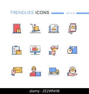 Delivery - modern line design style icons set. Logistics, transportation idea. Food ordering, flowers and letter express service, online payment. Work Stock Vector
