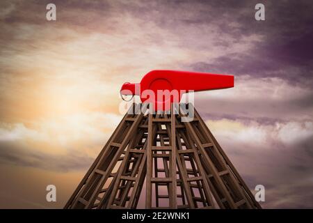 Whistle is at the top of many stairs demonstrating person in society or a company exposing corruption concept. 3D illustration Stock Photo