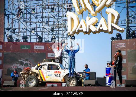 Yanbu and Jeddah, in Saudi Arabia. 15th Jan 2021. 204 Callewaert Benoit (bel), Morel Ghislain (bel), Volkswagen Racing Wings, Dakar Classic, portrait during the finishing podium ceremony at the King Abdullah International Stadium in Jeddah, in Saudi Arabia on January 15, 2021 - Photo Julien Delfosse / DPPI / LiveMedia Credit: Paola Benini/Alamy Live News Stock Photo