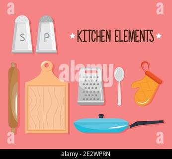 bundle of seven kitchen utensils set icons and lettering Stock Vector