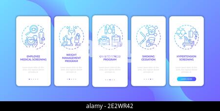 Workstation wellness onboarding mobile app page screen with concepts Stock Vector
