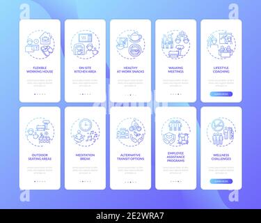 Workstation wellness onboarding mobile app page screen with concepts set Stock Vector