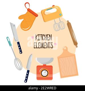 bundle of eight kitchen utensils set icons and lettering Stock Vector