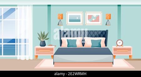 Modern bedroom interior. Vector flat cartoon illustration. Hotel room or apartment with window and sea view. Contemporary home background. House furni Stock Vector