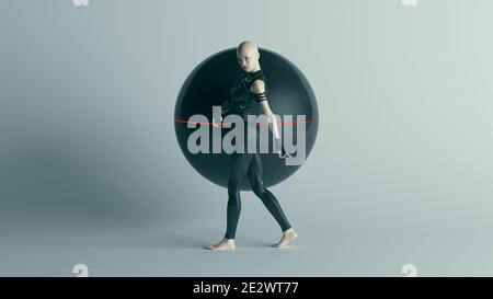 Futuristic Female Character in Black with Alien Geo Sphere AI Super Computer Droid 3d illustration render Stock Photo