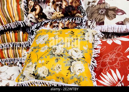 Group of pillows with different textures and colors Stock Photo