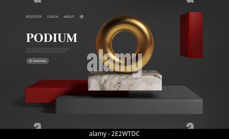 Abstract gold torus on luxury mock up stage. Platform vector 3d render podium. Stock Vector