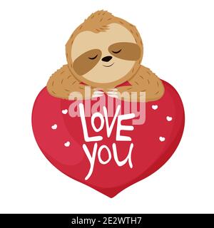 Sloth bear sleep on big heart, text Love You in cartoon style isolated on white background. Cute print, romantic greeting for Valentine day. Vector illustration Stock Vector