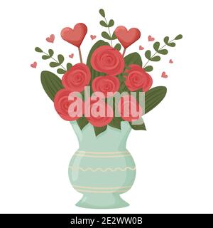 Bouquet of roses in flower vase with leaves and hearts. Love, romantic or Valentine decoration isolated on white background stock vector illustration. Vector illustration Stock Vector