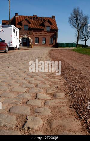 The strategic cobblestone section of Paris-Roubaix cycling race called 'Carrefour de l'Arbre' in Gruson, near Lille, northern France on April 6, 2010. Photo by Sylvain Lefevre/ABACAPRESS.COM Stock Photo