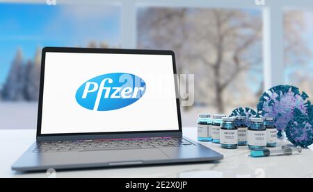 Guilherand-Granges, France - January 15, 2021. Covid-19 vaccine with Pfizer logo. American multinational pharmaceutical corporation. Stock Photo