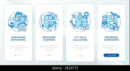 Climate poverty risk groups onboarding mobile app page screen with concepts. Stock Vector