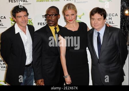 (L-R) Antonio Banderas, Eddie Murphy, Cameron Diaz and Mike Myers arriving for the 2010 Tribeca Film Festival Opening night premiere of 'Shrek Forever After' at the Ziegfeld Theatre in New York City, NY, USA on April 21, 2010. Photo by Mehdi Taamallah/ABACAPRESS.COM Stock Photo