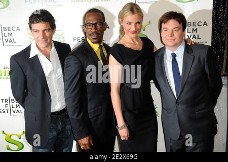 (L-R) Antonio Banderas, Eddie Murphy, Cameron Diaz and Mike Myers arriving for the 2010 Tribeca Film Festival Opening night premiere of 'Shrek Forever After' at the Ziegfeld Theatre in New York City, NY, USA on April 21, 2010. Photo by Mehdi Taamallah/ABACAPRESS.COM Stock Photo