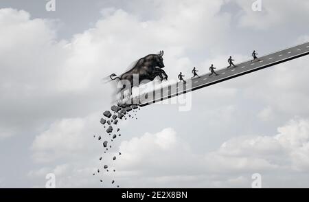 Bull market danger and economic panic concept trending upwards as a precarious financial profit symbol and bullish stock market in collapse. Stock Photo