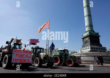 French farmers demonstrate with their tractors, Place de la Bastille in Paris, France on April 27, 2010 against wages cut and to denounce the European Farm Policy. Photo by Jean-Luc Luyssen/ABACAPRESS.COM Stock Photo