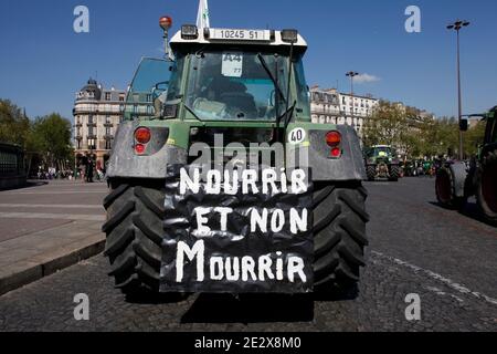 French farmers demonstrate with their tractors, Place de la Bastille in Paris, France on April 27, 2010 against wages cut and to denounce the European Farm Policy. Photo by Jean-Luc Luyssen/ABACAPRESS.COM Stock Photo