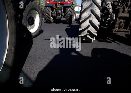 French farmers demonstrate with their tractors, Place de la Bastille in Paris, France on April 27, 2010 against wages cut and to denounce the European Farm Policy. Photo by Jean-Luc Luyssen/ABACAPRESS.COM Stock Photo