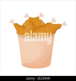 Crispy, fried chicken legs in basket isolated on white background. Fast food, takeaway meal, nutrition. Colorful detailed objects in flat style. Vector illustration Stock Vector