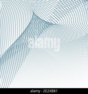 Energy concept. White background. Sound, radio waves. Navy blue, gray intersecting thin curves. Abstract technology design. Vector line art pattern Stock Vector
